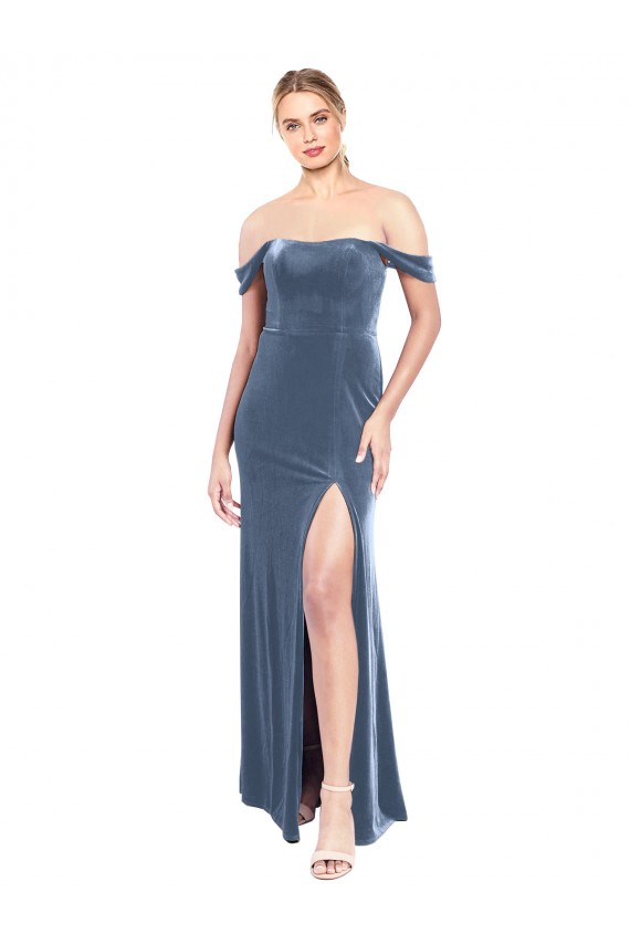 Draped Sleeves Wide Scoop Neck Off the Shoulder Velvet Prom Dress UK Website