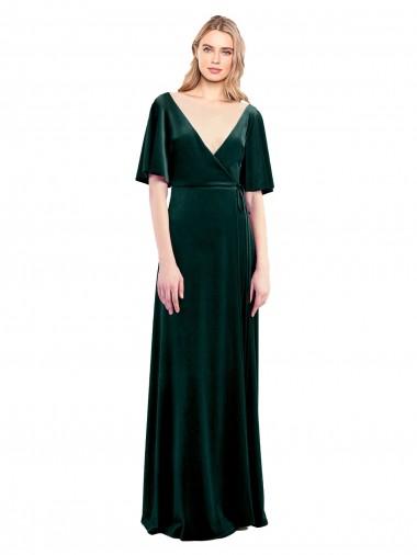 Deep V-Neck Flutter Sleeves Long Velvet Wrap Prom Dress UK Website