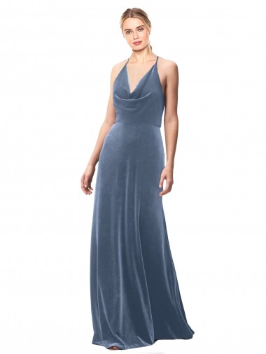 Halter Cowl Neck Long A-Line Velvet Prom Dress with Keyhole Back UK Website