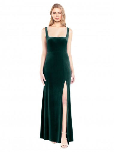 Square Neck Full Length Velvet Prom Dress with Side Slit UK Website