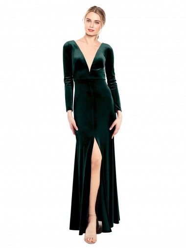 Plunging V-Neckline Long Sleeves Open Back Velvet Prom Dress UK Website