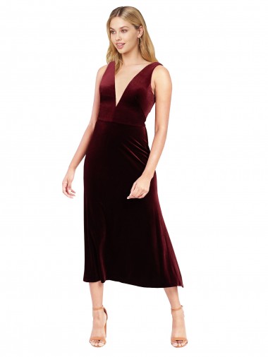 Daring Plunging V-Neckline Short Midi Length Velvet Cocktail Prom Dress / Homecoming Dress UK Website