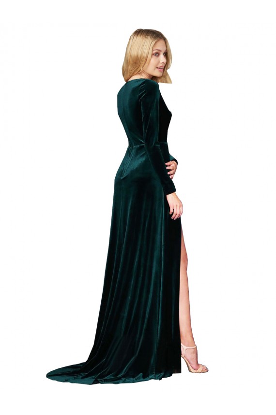 Deep V-Neck Long Sleeves Velvet Prom Dress with High Side Split UK Website