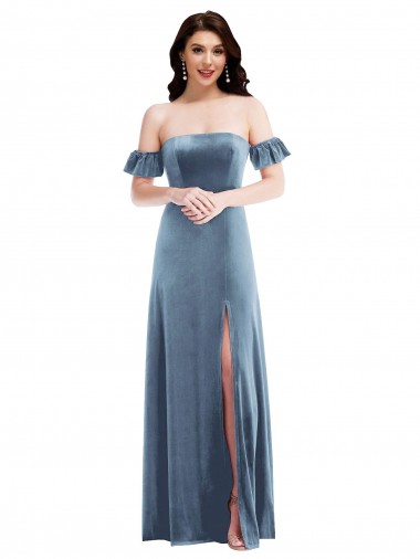 Ruffle Sleeve Off the Shoulder Velvet Maxi Prom Dress UK Website