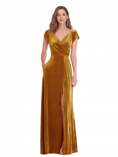 Cap Sleeve Faux Wrap Velvet Maxi Prom Dress with Pockets UK Website