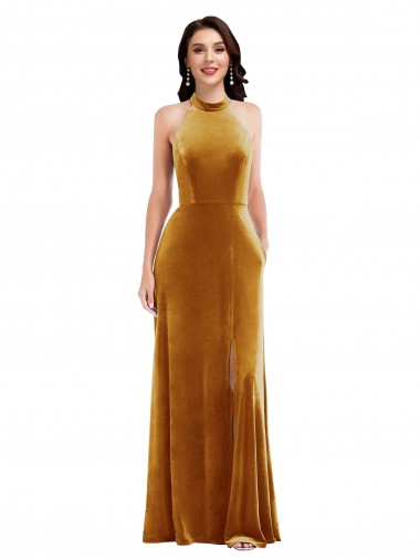 High-Neck Halter Velvet Maxi Prom Dress with Front Slit UK Website