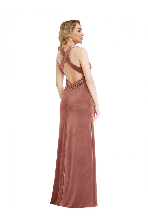 Plunging Neckline Velvet Maxi Prom Dress with Criss Cross Open Back UK Website