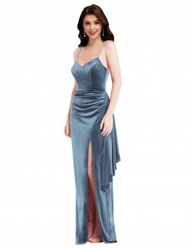 Spaghetti Strap Velvet Maxi Prom Dress with Draped Skirt UK Website