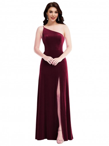 One Shoulder Spaghetti Strap Velvet Maxi Prom Dress with Pockets UK Website