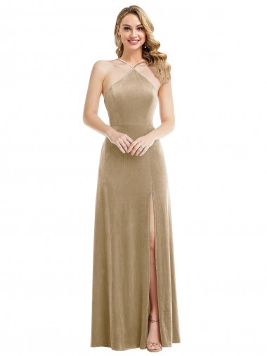 High Neck Halter Open Back Long Velvet Maxi Prom Dress with Pockets UK Website