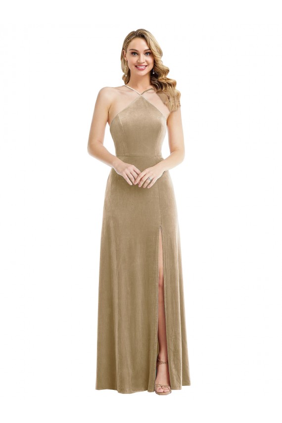 High Neck Halter Open Back Long Velvet Maxi Prom Dress with Pockets UK Website