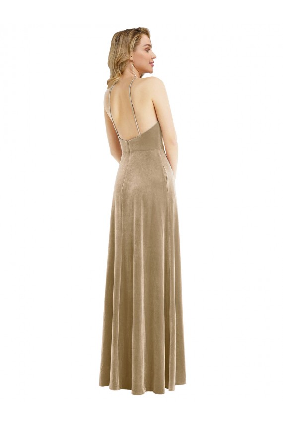 High Neck Halter Open Back Long Velvet Maxi Prom Dress with Pockets UK Website