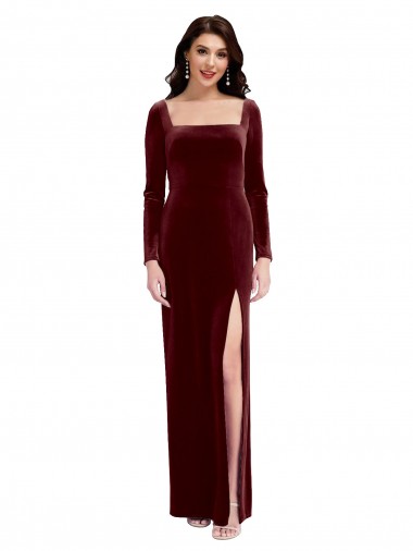 Sleek Square Neck Spaghetti Straps Velvet Prom Dress with Side Slit UK Website