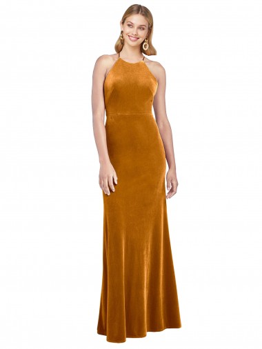 Halter Neckline Long Full Length Velvet Prom Dress with Strappy Back UK Website