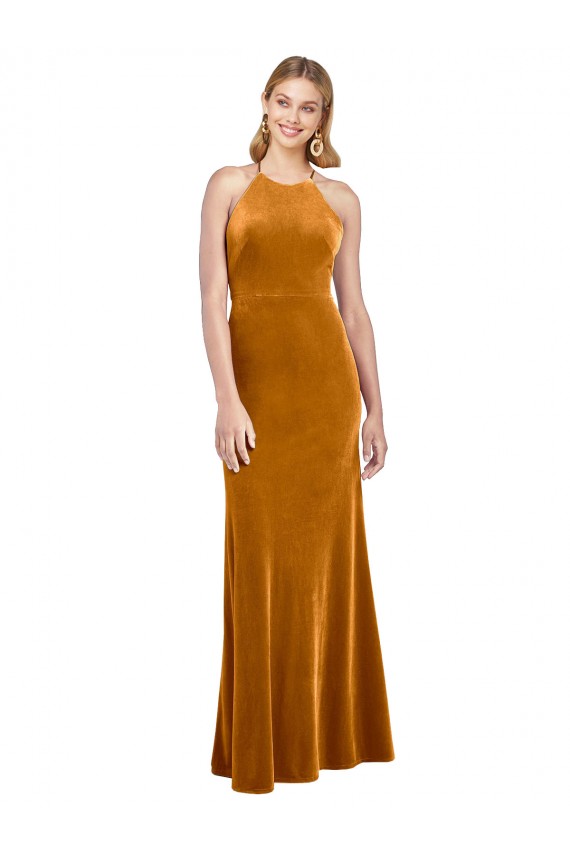 Halter Neckline Long Full Length Velvet Prom Dress with Strappy Back UK Website