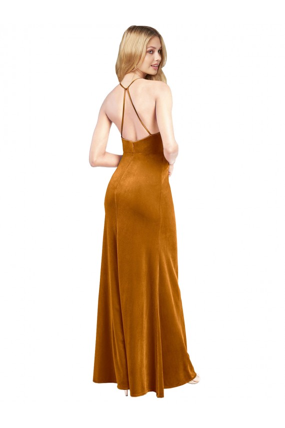 Halter Neckline Long Full Length Velvet Prom Dress with Strappy Back UK Website