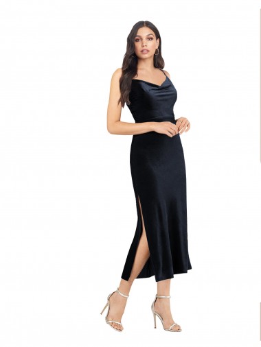 Midi Length Velvet Cocktail Prom Dress / Homecoming Dress with Cowl Neck and Spaghetti Straps UK Website