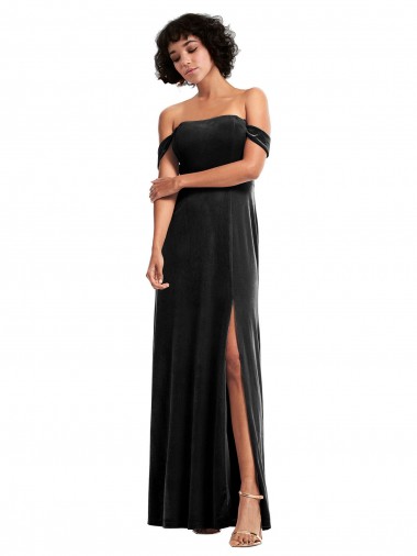 Off the Shoulder Drapped Sleeves Stretch Velvet Prom Dress UK Website