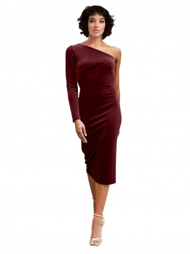 One Shoulder Fitted Short Midi Length Velvet Prom Dress UK Website