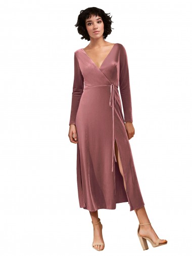 Long Sleeve Velvet Faux Wrap Midi Length Prom Dress UK Website