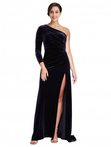 One Sleeve Long Velvet Prom Dress with Thigh High Split UK Website