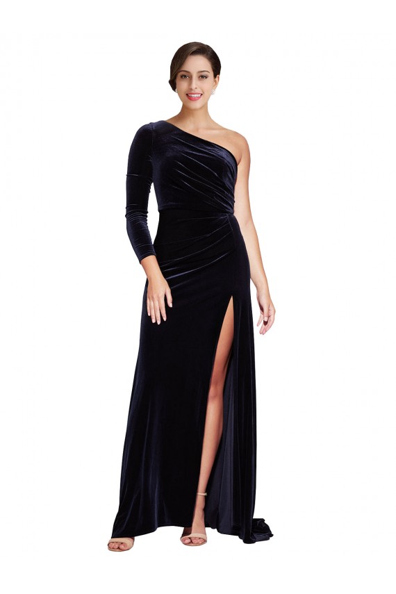 One Sleeve Long Velvet Prom Dress with Thigh High Split UK Website