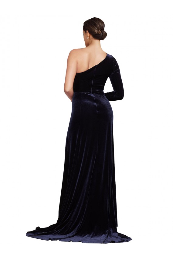 One Sleeve Long Velvet Prom Dress with Thigh High Split UK Website