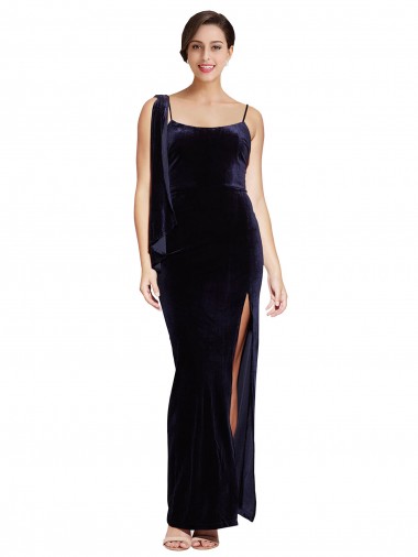 Long Velvet Prom Dress with Side Thigh Split and Shoulder Tie UK Website