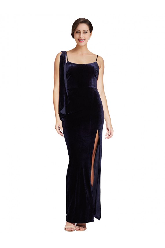 Long Velvet Prom Dress with Side Thigh Split and Shoulder Tie UK Website