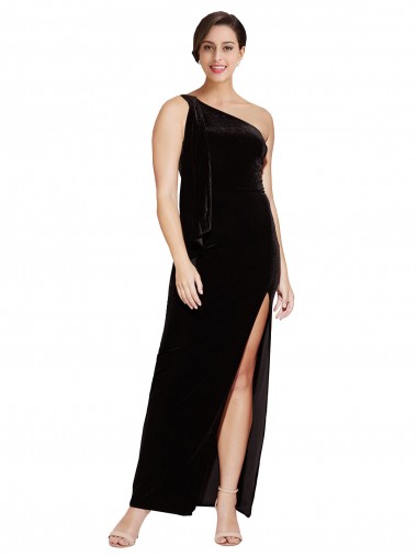 One Shoulder Long Velvet Prom Dress with Side Split and Shoulder Tie UK Website