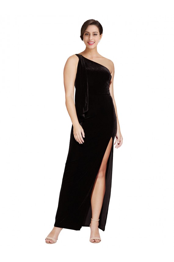 One Shoulder Long Velvet Prom Dress with Side Split and Shoulder Tie UK Website